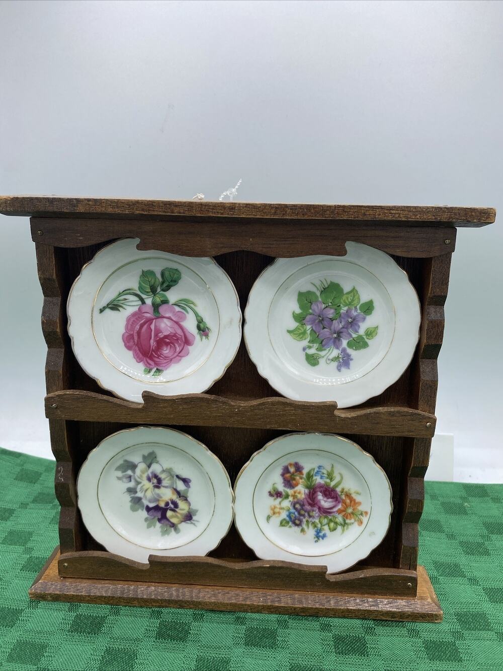 Wooden Wall Ornament Antique Porcelain Plates(4) 8.5”X 8.5”